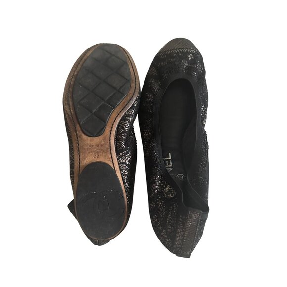 CHANEL Women's Black Metallic Captoe Ballet Flats Size 5 / 35 - Picture 8 of 13